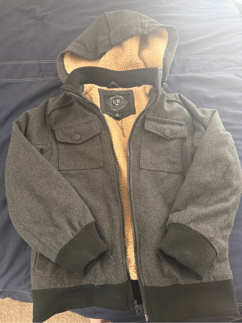 Urban Republic Dark Gray Hooded Puffer Jacket with Tan Sherpa Lining